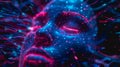 Cybernetic digital face with neon blue and red lights, data streams, glowing particles, high-tech design