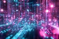 A cybernetic digital rain effect, featuring cascading streams of glowing AI-driven data, futuristic