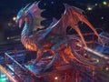 Cyber dragon on neon rooftop with machinery