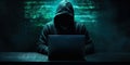 Cybernetic Enigma: Silhouetted Technomancer. Hacker with data flow behind in a dark room. Generative AI