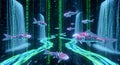 Cybernetic Fish Swimming in Digital Matrix Waterfalls with Binary Code Royalty Free Stock Photo