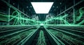 Cybernetic green data flows illuminate an industry hall Royalty Free Stock Photo