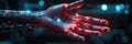 Cybernetic Hand Oracle Bone Code Futuristic robotic hand glowing red and blue intricate details digital data streams oracle