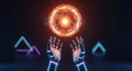 Cybernetic hands grasping a radiant glowing core, visualizing AI integration and technological power. Royalty Free Stock Photo