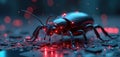 Cybernetic insect with glowing red eyes crawls on computer circuit board. Digital bug represents software error or virus. Royalty Free Stock Photo