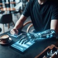 cybernetic person with futuristic robotic limbs drinking coffee in a cafe