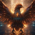 A cybernetic phoenix rising from a sea of digital code1