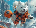 Cybernetic Samoyed dog exploring sports in an action packed curious world ai generate
