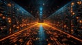 Cybernetic server corridor, glowing with digital data streams Royalty Free Stock Photo