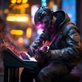 Cybernetic street musician futuristic instrument, neon-lit alley, otherworldly melodies, urban soundscape