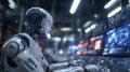 Cybernetic System Control: Advanced Humanoid Android Operating a Futuristic Console with Glowing Blue Holographic Screens in a Royalty Free Stock Photo