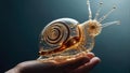 cybernetic transparent snail with lights and electrical terminations and porcelain shell nestled in the palm of a human hand