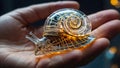 cybernetic transparent snail with lights and electrical terminations and porcelain shell nestled in the palm of a human hand