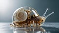 cybernetic transparent snail with lights and electrical terminations and porcelain shell walking on a shiny surface