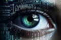 Cybernetic vision hacker or ai robot eye in dark tech environment on digital backdrop