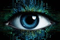 Cybernetic vision hacker or ai robot eye in dark tech space, cyborg s digital background close up