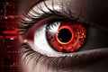 Cybernetic vision hacker or ai robot eye in futuristic tech environment on digital backdrop