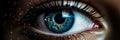 Cybernetic vision hacker or ai robot eye in futuristic tech environment on digital display