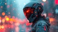 Futuristic Cybernetic Soldier in Rain with Glowing Red Visor.