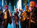 Cyberpunk activists protest in futuristic city