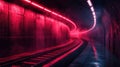 cyberpunk aesthetic, an underground futuristic track with textured concrete block walls, red pulsating light strips, and