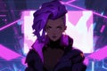 Cyberpunk Anime Character Sporting Vibrant Purple Hair In A Digital World Standard