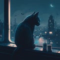 In a cyberpunk art, aestheticism, nightscape, a black cat is sitting on a windowsill and gazing at the city. AI