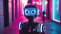 Cyberpunk Art of Sleek Robot Hacker with Glowing Elements in Futuristic Urban Setting. Concept of Technology, Innovation