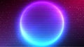 Cyberpunk background. Neon circle glow. Pink blue round gradient glowing. Horizontal old TV lines effect. 80s retro future style