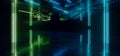 Cyberpunk Big Sci Fi Alien Neon Electric Blue Green Vibrant Laser Metal Barn Warehouse Door Concrete Glossy Car Showroom Empty Royalty Free Stock Photo