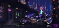 Cyberpunk Biker Girl. Futuristic Cyberpunk Night City Scene Royalty Free Stock Photo