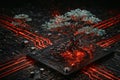 Cyberpunk Biomechanical Tree Growing from Microchip on Glowing Circuit Board Macro Illustration Royalty Free Stock Photo