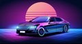 Cyberpunk business car in the retrowave style of the 80s, illuminated with neon vector illustration