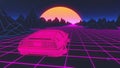 Cyberpunk car in 80s style moves on a virtual neon landscape. 3d rendering