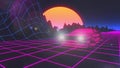 Cyberpunk car in 80s style moves on a virtual neon landscape. 3d rendering