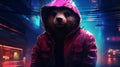 Cyberpunk Cartoon Bear In Jacket: A Nighttime Street Scene