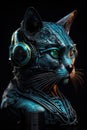 Cyberpunk cat, in the style of dystopian cartoon