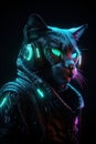 Cyberpunk cat, in the style of dystopian cartoon