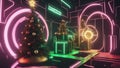 Cyberpunk Christmas 3D illustration of beautiful science fiction,