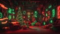 Cyberpunk Christmas 3D illustration of beautiful science fiction,