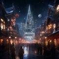 Cyberpunk Christmas market futuristic holiday stalls, neon-lit festivities, high-tech gifts, urban winter celebration