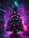 Cyberpunk Christmas Tree Decorated in Vivid Neon Colors