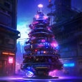 Cyberpunk Christmas Tree Decorated in Vivid Neon Colors