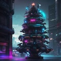 Cyberpunk Christmas Tree Decorated in Vivid Neon Colors