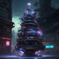 Cyberpunk Christmas Tree Decorated in Vivid Neon Colors