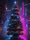 Cyberpunk Christmas Tree Decorated in Vivid Neon Colors