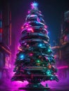 Cyberpunk Christmas Tree Decorated in Vivid Neon Colors