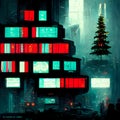 Cyberpunk christmas tree near large building with many glowing banners in night city, neural network generated art