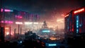 Cyberpunk city, abstract illustration, futuristic city, dystoptic artwork at night, 4k wallpaper, Royalty Free Stock Photo