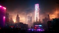 Cyberpunk city, abstract illustration, futuristic city, dystoptic artwork at night, 4k wallpaper, Royalty Free Stock Photo